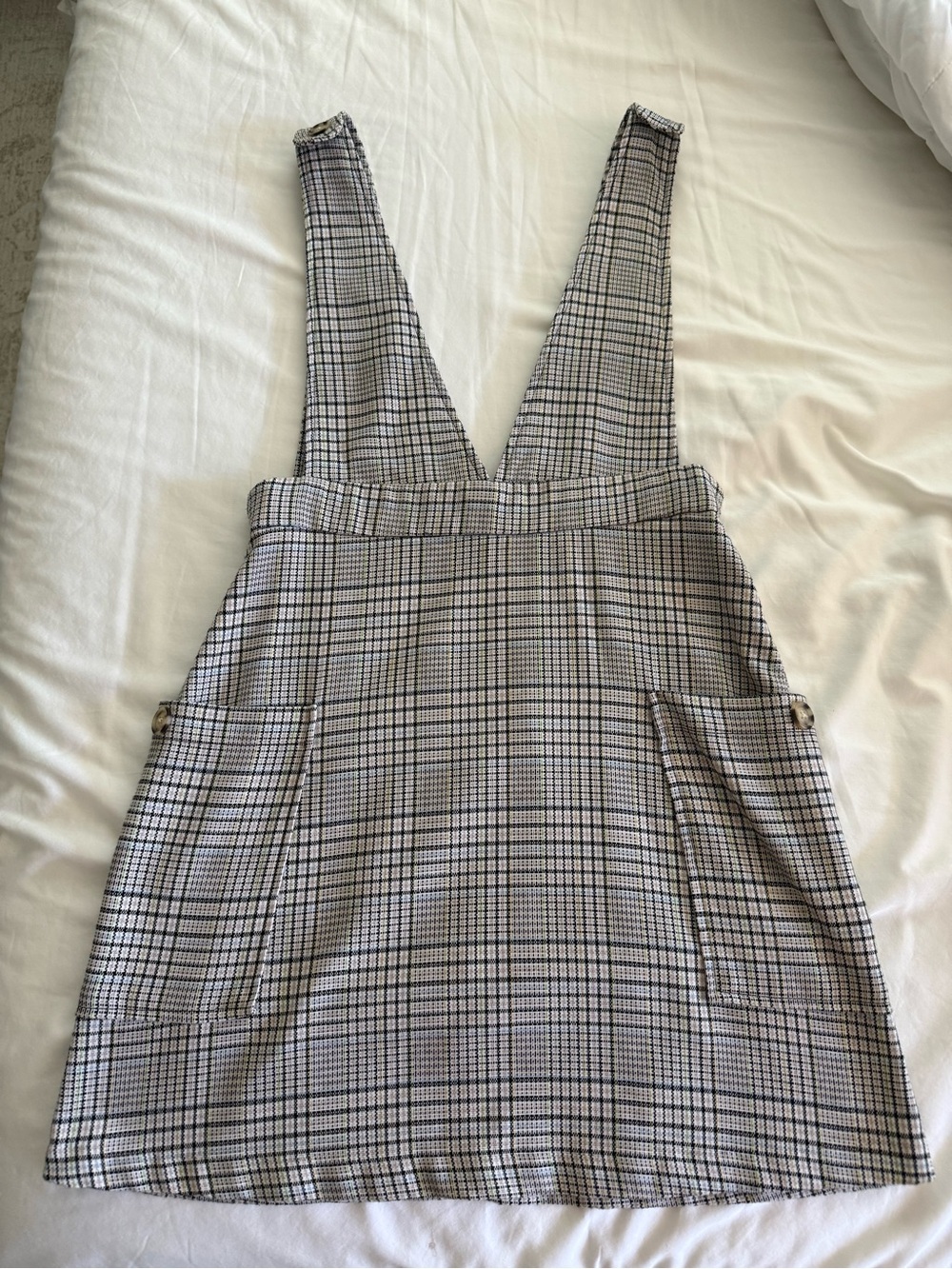 SO Plaid Pinafore Dress with Deep V Straps - Gray with blue, pink and green